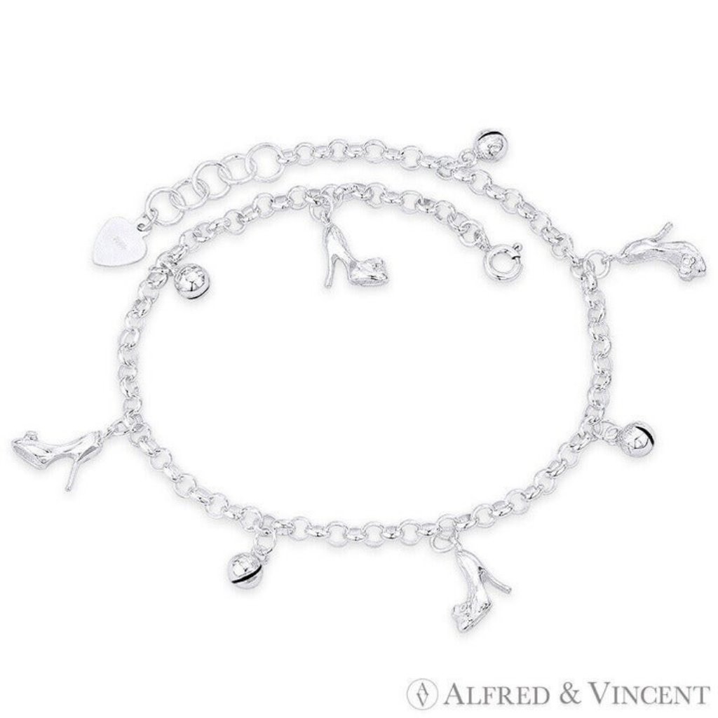 Heel Stilettos Ringing Balls Rolo Chain Charm Anklet In 925 Sterling Silver- 10"